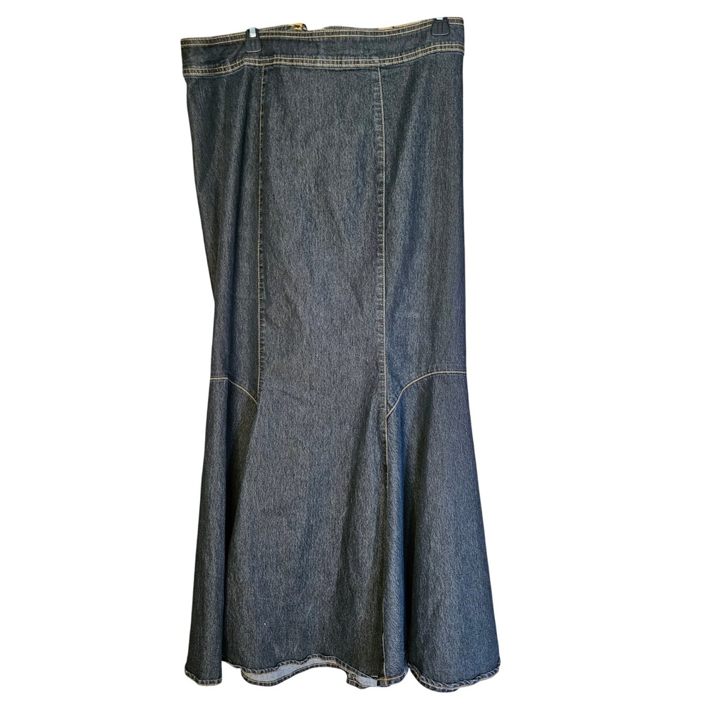 Bisou Bisou Michele Bohbot Denim Maxi Skirt Dark Wash Mermaid Flare Size 12 Long